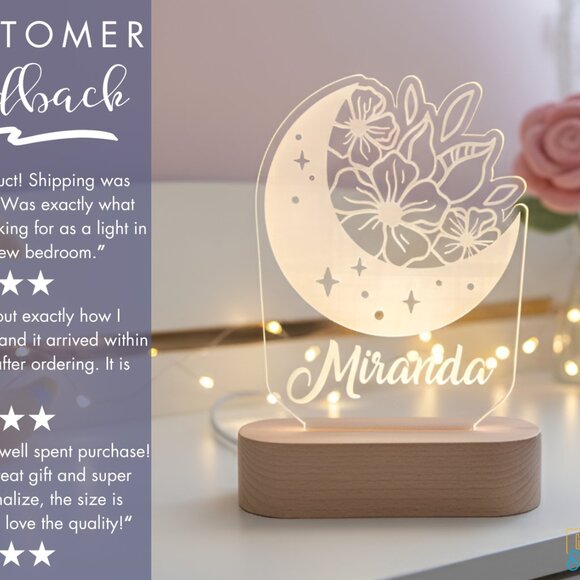 Moon & Flower Custom Name Light • Personalized LED Cloud Decor • Girl Gift - Picture 7 of 8